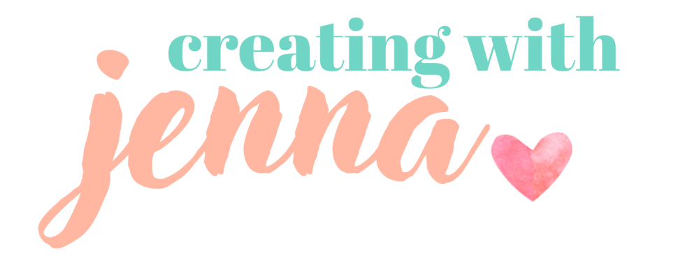 text "creating with" in aqua colors over text "jenna" in a reddish pink to the left of a pink heart